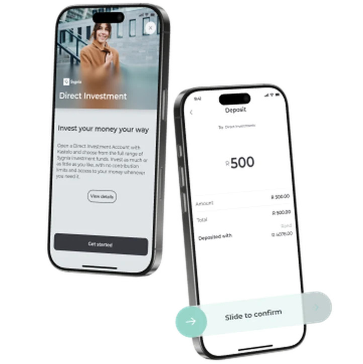 Two phones showing the Kastelo app: a Sygnia Direct Investment product screen and an R500 deposit ready to confirm